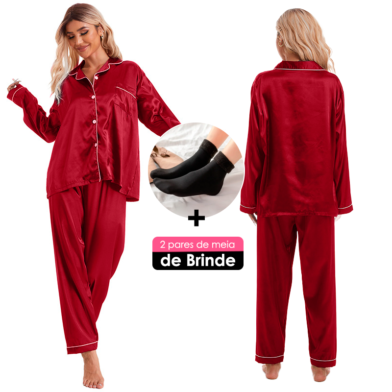 [COMPRE 1 LEVE 2] Conjunto de Pijama Cetim +BRINDE: 1 Par de Meias Peluciadas