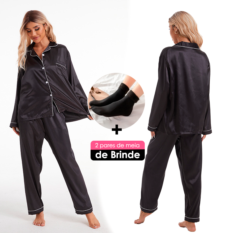 [COMPRE 1 LEVE 2] Conjunto de Pijama Cetim +BRINDE: 1 Par de Meias Peluciadas