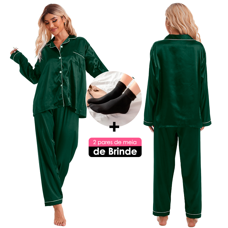 [COMPRE 1 LEVE 2] Conjunto de Pijama Cetim +BRINDE: 1 Par de Meias Peluciadas